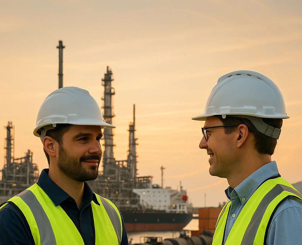 Two engineers meeting at a refinery terminal at sunset